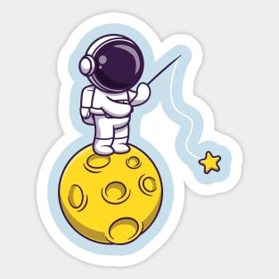 Astronaut Fishing Star On Moon Cartoon Sticker